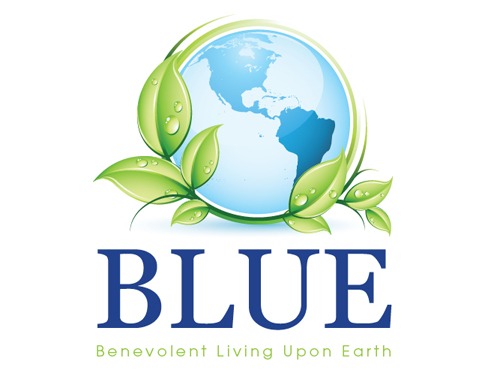 An illustration of the earth wrapped in leaves. Below the image is the word BLUE and the phrase Benevolent Living Upon Earth.