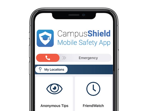 A mobile phone screen shows the Campus Shield Mobile Safety App.