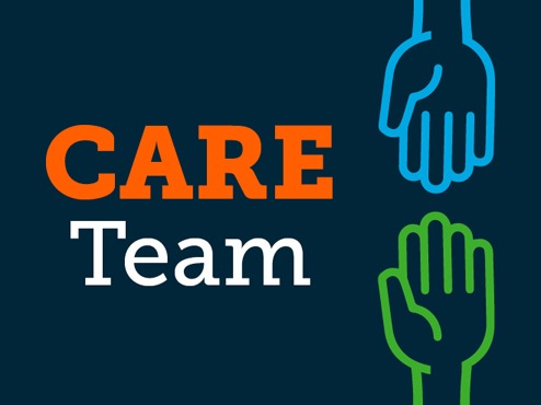 Logo is a blue horizontal box with two outstretched hands and the words CARE Team in orange and white.
