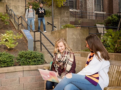 Two students walk down steps while two others sit on a bench on the Carlow University campus.