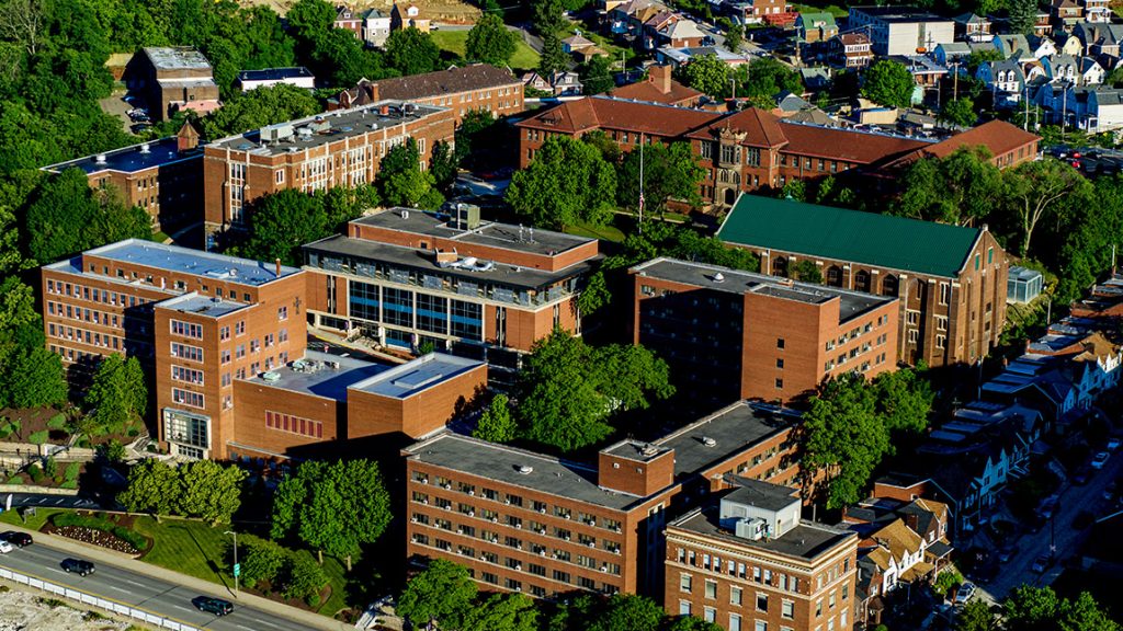 The Carlow University campus in Pittsburgh’s Oakland neighborhood as seen from above.