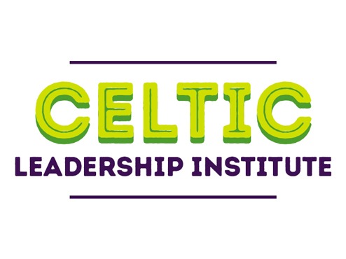 A white rectangular logo has the words Celtic Leadership Institute in yellow, green and purple.
