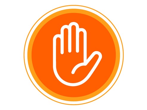 A rectangular white graphic is several orange circles with a white hand in the middle.