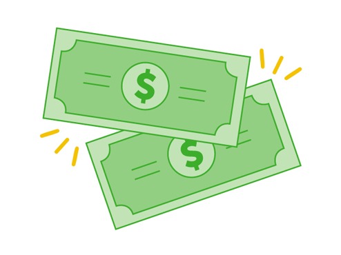 White rectangular graphic has two pieces of mock currency in shades of green.