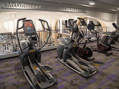 Fitness center equipment on two floors of the empty McGinley Cardio Wellness Center.