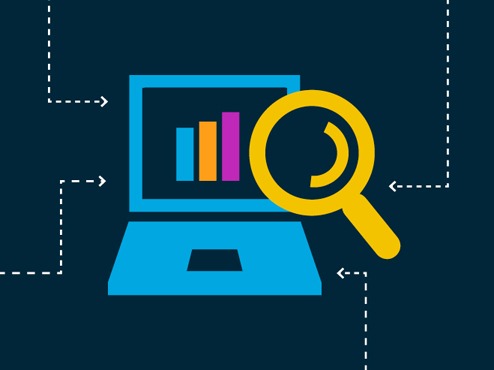 Institutional Research and Effectiveness: Blue rectangular graphic contains drawing of a laptop computer with a large, yellow magnifying glass.