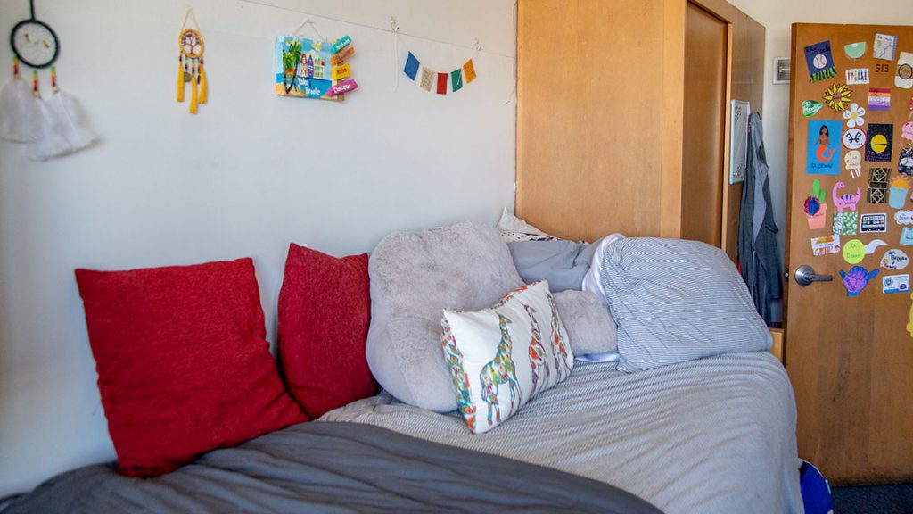 A bed and wardrobe/closet in a Carlow dorm room with an open door that has many stickers on it.