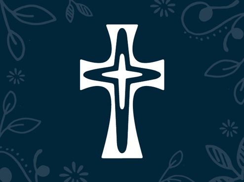 A blue rectangle with a leafy border shows three crosses in varying sizes as one.