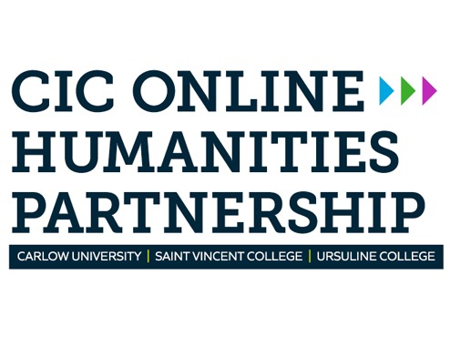 A white rectangle has the words CIC Online Humanities Partnership with Carlow, St. Vincent and Ursuline named at bottom. 