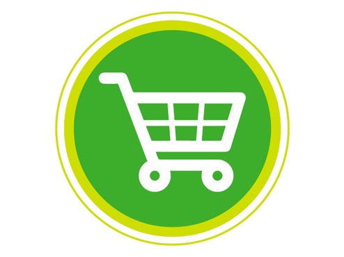 White rectangular graphic has a drawing of a shopping cart in white in the middle of several green circles.