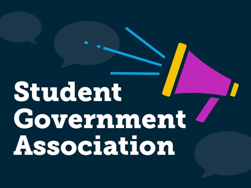 Blue rectangular logo has purple and yellow megaphone with the words Student Government Association to its left.