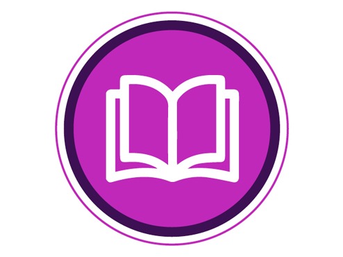 Logo is an open book in a purple circle surrounded by black, white and purple circles in a white rectangle.