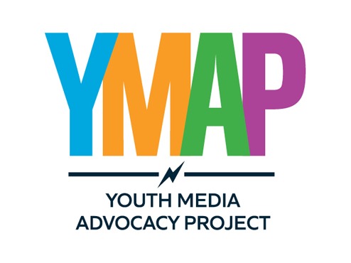 A white rectangular logo has YMAP in blue, orange, green and purple with the words Youth Media Advocacy Project below.