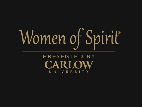Women of Spirit logo presented by Carlow University is written in gold on black background.