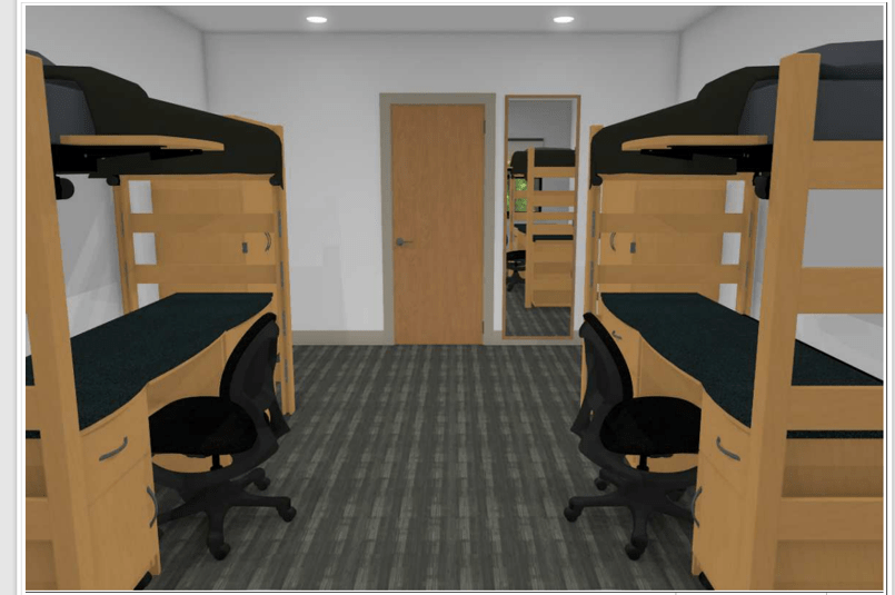 A computer generated depiction of a residence hall dorm room. Two beds, chairs and a mirror are showing.
