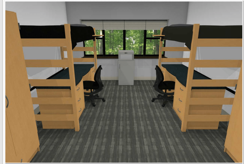 A computer generated depiction of a residence hall dorm room. Two beds, chairs and a window are showing.