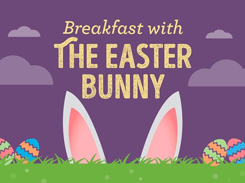 Breakfast with the Easter Bunny - purple background, green grass with bunny ears