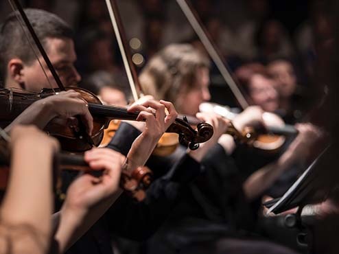 Close up photo of orchestra members playing the violin.