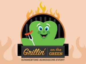 Our mascot, Shammy, is holding a hot dog on a stick with the words Grillin' on the Green written below him.