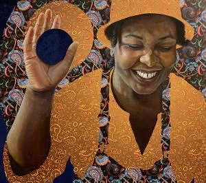 Woman holding a black dot in a gold shirt and hat, smiling. This is a piece of artwork.