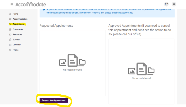 The Accommodate portal with the Appointments tab highlighted in the left-hand menu and the Request New Appointment button highlighted at the bottom of the page.