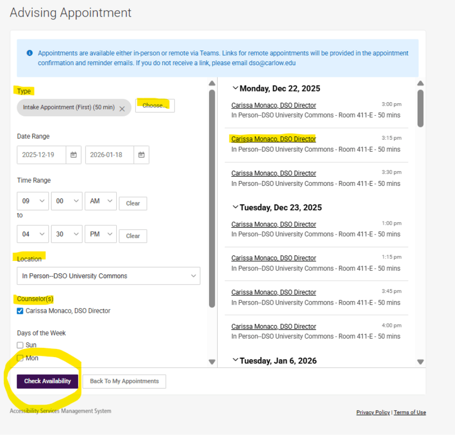 The Accommodate new-appointment form showing the Type, Location and Counselor fields, with the purple Check Availability button highlighted at the bottom of the screen.